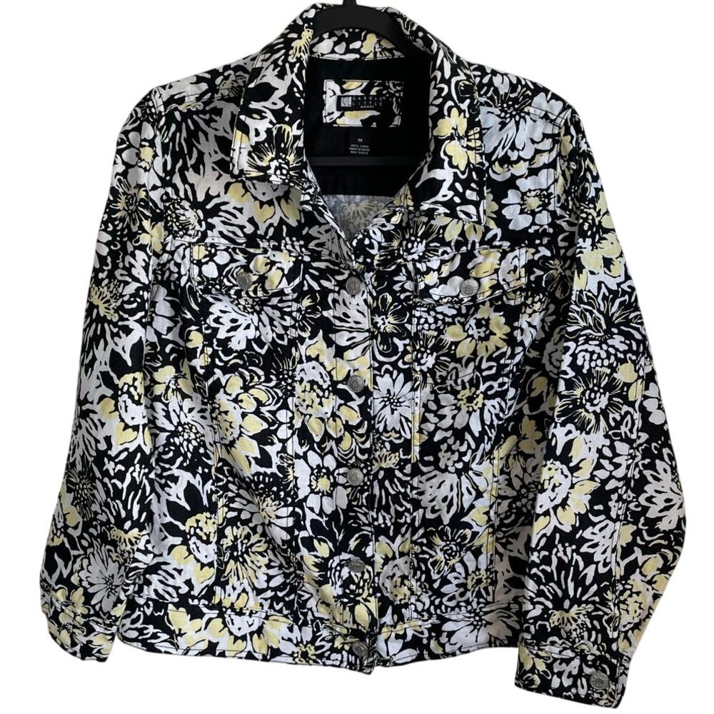 Carole Little 100% Linen Jacket Sz 1X Floral Button Front Collared Shabby Chic